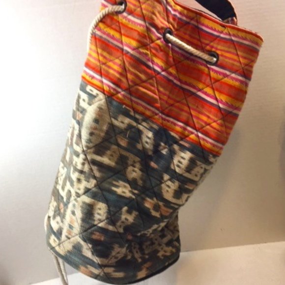 Boho Quilted Multi-Colored Drawstring Backpack Shoulder Bag 14"x9"x16.5" - Picture 7 of 16